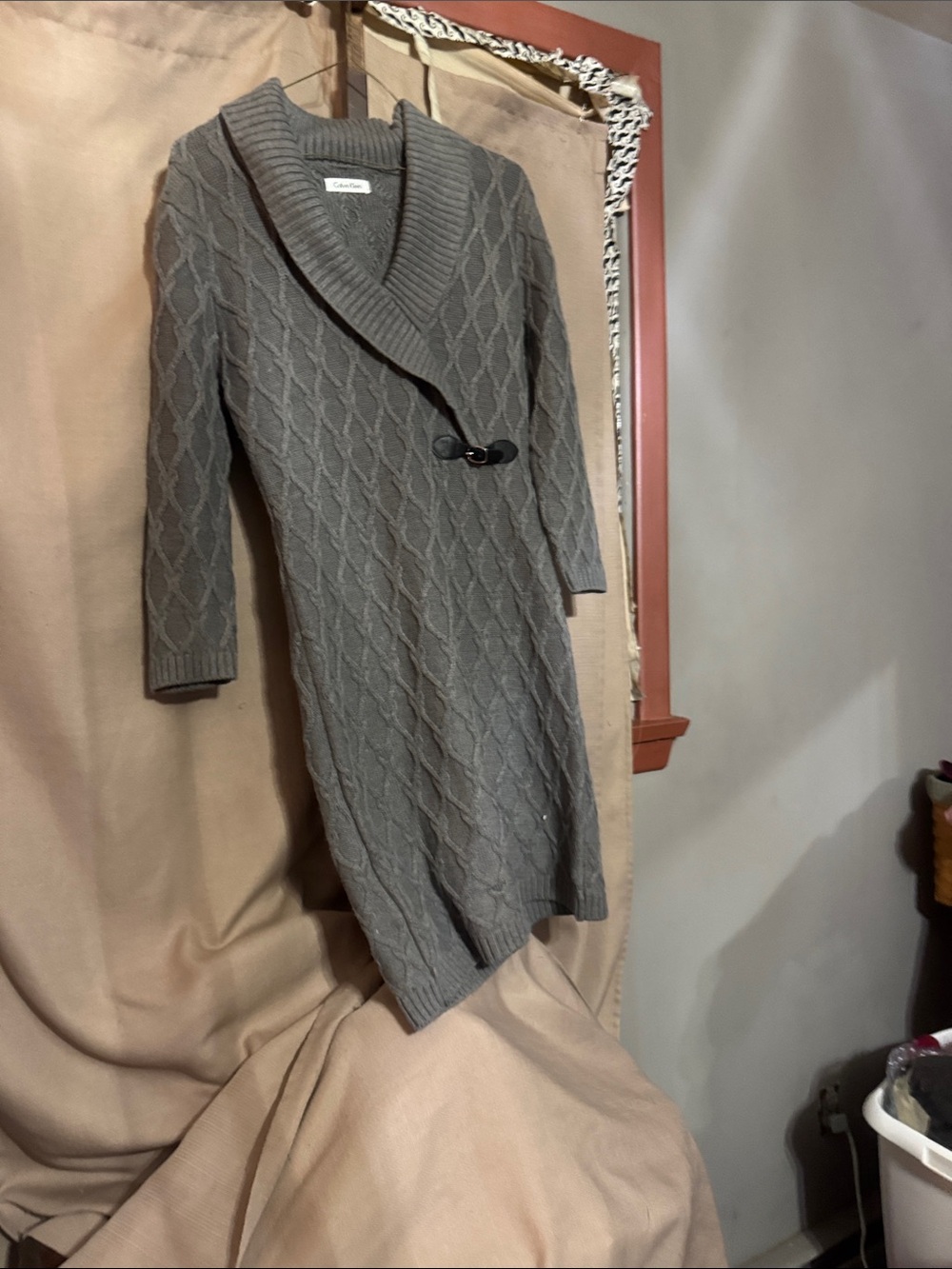 Calvin Klein Gray Cable-Knit Shawl-Collar Sweater Dress S-12:5
